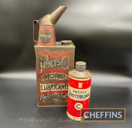 Prices Motor Lubricants, an early 1gallon can, together with Motorine oil can and pourer (3)