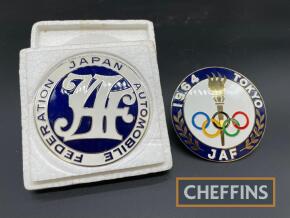 Japanese Automobile Federation car badges, one commemorating 1964 Tokyo Olympics