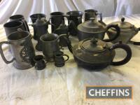 Pewter ware, tankards, tea pots, together with copper/brass kettles, jug, funnels