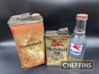 Mobiloil; D 1gallon can, together with bottle and BB early motorcycle oil can (3)