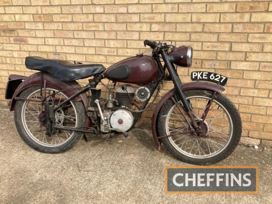 Circa 1955 197cc James Captain MOTORCYCLE
<br/>Reg No. PKE 627 (Expired)
<br/>Frame No. Not found
<br/>A real garden shed find that appears to be majorly complete and in apparently sound order. Consigned from a deceased's estate who had done a little back