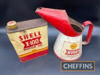 Shell X-100; half gallon oil pourer, together with matching oil can (2)