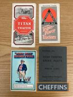 The Titan Tractor fold out brochure and parts price list, together with International Triple Power Tractors fold out brochure and John Bull Binder Twine original postcard