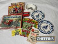 Qty motorcycling themed board games, crockery and ephemera etc.