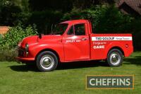 1967 Morris 1000 Pick-Up
<br/>Reg. No. PPK 979E
<br/>Chassis No. MAU217368
<br/>Originally from Ben Turner & Sons (Tractors) Ltd, Ripley, Surrey and showing in the Massey Ferguson livery, Purchased from Turners in 1971 and restored in the 1990s, attended 