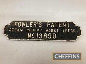 Fowler's Patent Steam Plough Works, Leeds No. 13890, a cast iron plate