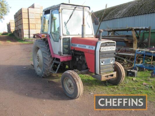 1984 MASSEY FERGUSON 675 2wd TRACTOR Fitted with PUH, rear linkage, PTO on 340/85R36 rear and 7.50-16 front wheels and tyres. No reverse gear. Reg. No. A949 MBV Serial No. K194010 Hours: 6,371 FDR: 17/01/1984