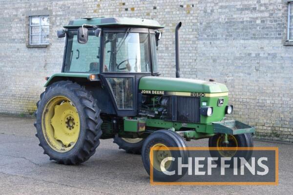 1989 JOHN DEERE 2650 2wd TRACTOR Fitted with front weight tray and PUH on 13.6R38 Goodyear rear and 10.00-16 Goodyear front wheels and tyres. On farm from new. Reg. No. G787 LEG Serial No. 679005 Hours: 10,594 FDR: 30/09/1989 To be retained on farm until