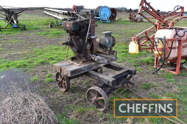 Petter AV1 5hp single cylinder vehicle diesel stationary engine with Stamford 3kw generator on 4-wheel wooden trolley Serial No. 638500