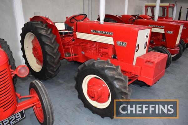 1969 McCORMICK INTERNATIONAL 523 4wd 3cylinder diesel TRACTOR Reg. No. MFE 91H Serial No. 713253 Fitted with ZF front axle, PAS and 11no. front leaf weights on Goodyear 13.5 rear and Goodyear 11.2R20 wheels and tyres. Formally owned by Mick Evans, who was