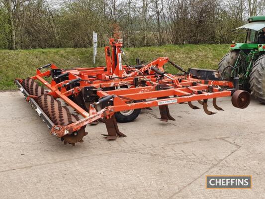 Keeble Brothers trailed hydraulic folding subsoiler cultivator, fitted with 9 legs, front working tines, press roller with hydraulic depth control, depth wheels, toolbox, legs been adapted to take Spaldings wearing metal, 6m