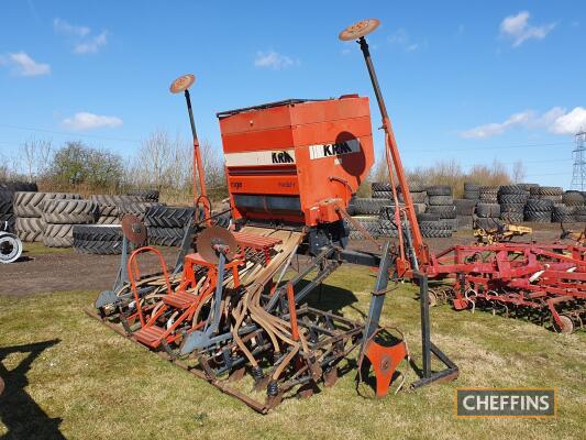 KRM Modular-Roger mounted piggyback tine coulter drill, 4m, fitted with land wheel drive, hydraulic fan, pre-em and bout markers