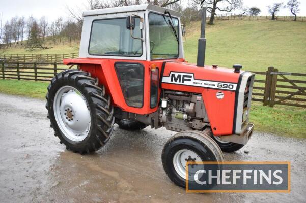 1978 MASSEY FERGUSON 590 Multi-Power diesel TRACTOR Fitted with single door cab, Multi-Power, 2no. spools, rod style linkage pick-up hitch, drawbar, top link, plough light, PTO and trailer tipping pipe on Goodyear diamond 14.9-38 rear and Goodyear diamond