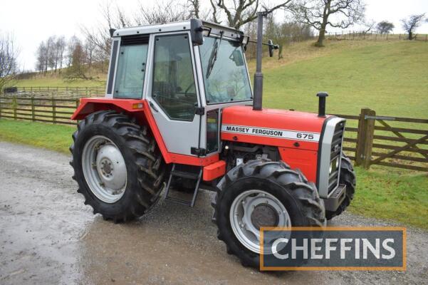 1985 MASSEY FERGUSON 675 4wd TRACTOR Fitted with 2no. spools, trailer brakes, drawbar, pick-up hitch, PTO, linkage and mudguard extensions on Goodyear 16.9R34 rear and Goodyear 13.6R24 front wheels and tyres. V5C available Reg. No. C603 CTR Serial No. L16