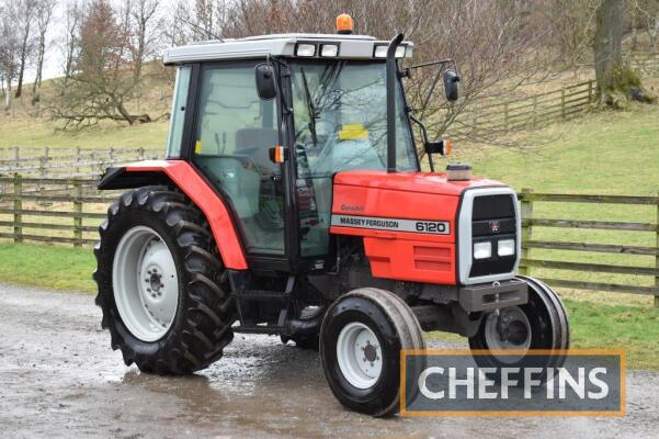 1996 MASSEY FERGUSON 6120 Dynashift diesel TRACTOR Fitted with Dynashift gearbox, pick-up hitch, PTO, hook linkage, 2no. spools and trailer tipping pipe on Agrimax 420/85R34 rear and Goodyear Diamond 10.00-16 front wheels and tyres. V5C available Reg. No.