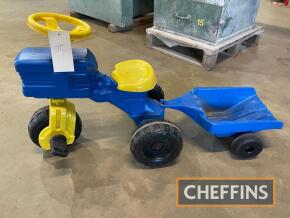 3-wheel pedal tractor and trailer of plastic construction