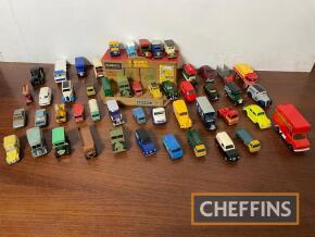 Qty die cast commercial vehicles in various scales, to include Days Gone, Corgi, Matchbox etc, to include wooden garage