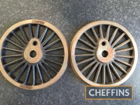 Pr. well-made cast model train wheels measuring at 7.5ins diameter