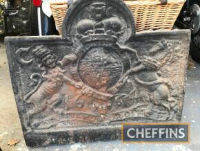 Cast iron fireback bearing royal coat of arms and '1664'