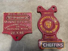 Bamford's Patent wrought iron frame cast iron plate, together with Minneapolis Threshing Machine Co. cast iron plate no. 24082