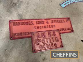 Ransomes Sims & Jeffries Ltd Engineers, Ipswich, England cast iron plates set, no. 51110