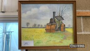 Vintage oil painting of a steam road roller