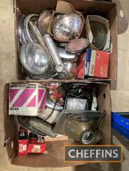 Classic car headlamp units, NOS Champion spark plugs etc, 2 boxes