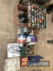 Garage equipment and spares, vintage items, including bulbs, fixings, tools etc (2 boxes)