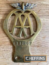 Pierced AA badge No.111802 (6.5ins tall), traces of plating, c.1914