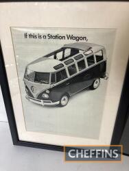 Volkswagen split screen camper, two framed adverts, 20 x 16ins and 17 x 13ins