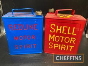 Redline Motor Spirit and Shell Motor Spirit; two 2gallon fuel cans, restored