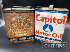 Ocean Liner Motor Oil and Capitol Motor Oil, two 2gallon tins, one lacking cap