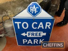 RAC to Car Free Park, an enamel sign, 28 x 21ins