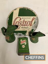 Wakefield Castrol, a printed tin sign (17.75ins in diameter, together two pourers and a can