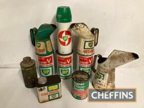 BP, a qty oil tins (contents), together with anti-freeze pourers, a promotional flask etc. (10)