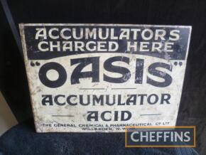 Oasis Accumulator Acid, double-sided tin sign with flange, an early example