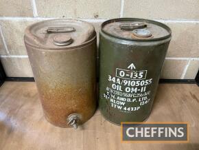 Two 5 gallon oil drums, one with dispensing tap