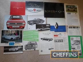 Qty British car brochures and literature; Vauxhall, Triumph, Rover, Austin, Morris, Lotus etc. (15)