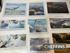 Nine Limited Edition prints of WWII action scenes, includes signatures of Douglas Bader, Adolf Galland etc.