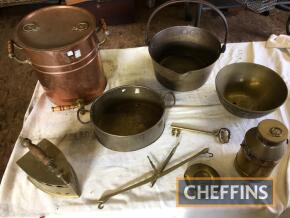 Qty copper and brass pans etc.