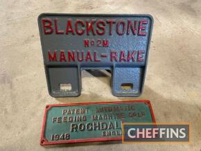 Blackstone No.2M Manual Rake cast iron plate, together with Patent Automatic Feeding Machine Co. Ltd, Rochdale cast iron plate