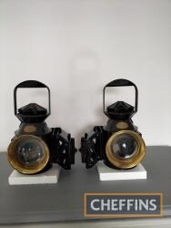 Original Hetherington matched pair of sprung traction engine lamps, unused, still boxed after purchase in the 1980s from the company