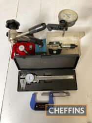 Verniers, micrometers, dial gauge on magnetic base etc. (5)