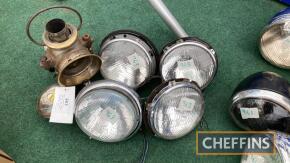 Wipac stainless 470 4ins fog lamp, together with 2prs. Lucas 6ins sealed beam units (4pcs) and a vintage Lucas brass King of the Road no.722 carbide lamps 4ins (for spares only)