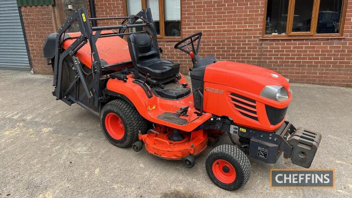 Kubota G23-11 twin cut ride-on lawn mower, fitted with high lift collector