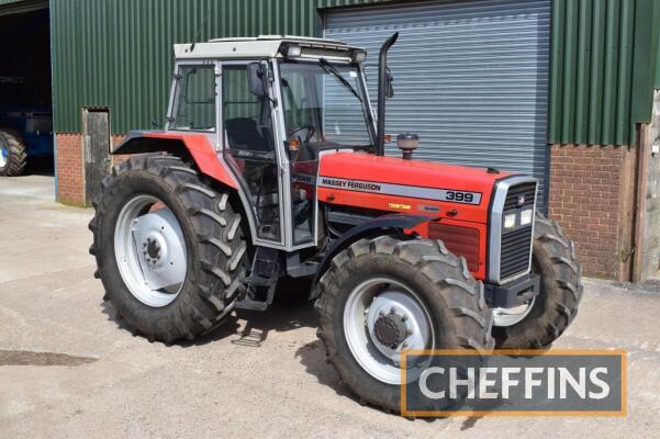 MASSEY FERGUSON 399 4wd diesel TRACTOR Fitted with HiLine+ cab, 18 SpeedShift gearbox, linkage and drawbar on 460/85R38 rear and 380/85R28 front wheels and tyres Registration No M929 VCT Serial No. E27027 Hours: 4,928