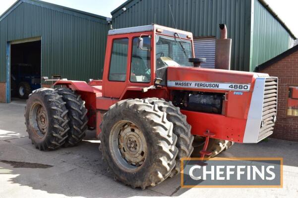 1985 MASSEY FERGUSON 4880 4wd articulated diesel TRACTOR Fitted with linkage, drawbar, PTO, supplied originally from Thurlow Nunn Standen, Cummins 903 engine on 20.8-38 front and rear dueal wheels and tyres Reg. No. B22 HVV Serial No. 9D004368 Hours: 7,49