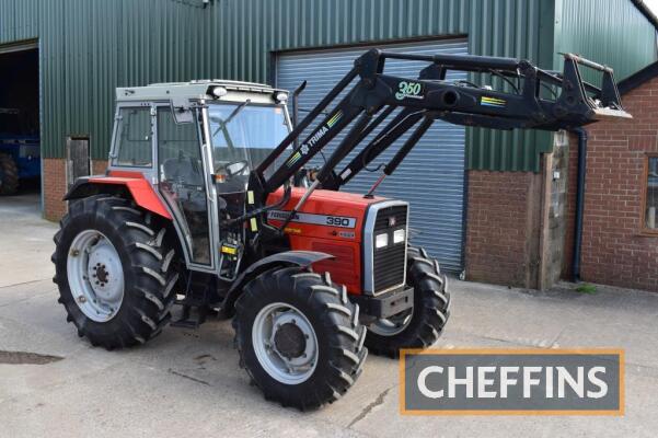 1994 MASSEY FERGUSON 390 4wd diesel TRACTOR Fitted with Trima 350 Professional front loader, HiLine+ cab, 12/12 gearbox, linkage PTO, rod style linkage pick-up hitch and 3no. Spools on 420/85R34 rear and 13.6R24 front wheels and tyres Reg. No. L698 DUE Se