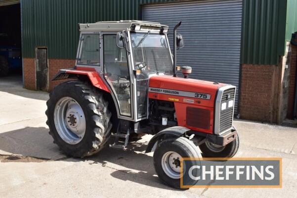 1996 MASSEY FERGUSON 375 2wd diesel TRACTOR Fitted with HiLine+ cab, 18 SpeedShift gearbox, linkage, PTO, rod style linkage pick-up hitch and 2no. spools on 16.9R34 rear and 10.00-16 front wheels and tyres Reg. No. N418 TJS Serial No. B34347 Hours: 5,575