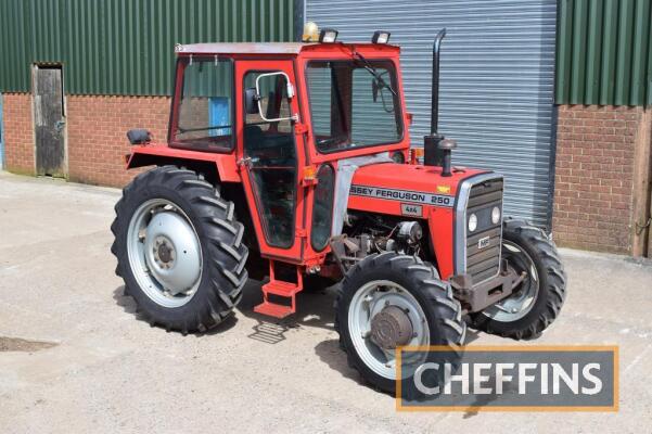 NO VAT - 1982 MASSEY FERGUSON 250 4wd diesel TRACTOR Fitted with cab, linkage, PTO and rod style linkage pick-up hitch on 12.4-32 rear and 8.3-247 front wheels and tyres Reg. No. UUJ 393Y Serial No. 621659 Hours: 4,368 FDR: 01/11/1982